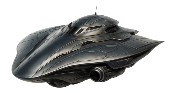 Futuristic black spaceship with sleek aerodynamic design and detailed surface features on transparent background.