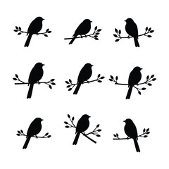 Obraz premium Collection of nine minimalist bird silhouettes perched on delicate tree branches. Vector graphic set of small birds on twigs with leaves, representing nature and spring.