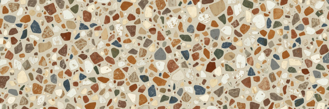 Colorful abstract terrazzo pattern with natural stone chips in warm earthy tones on a light beige background, ideal for modern interiors and stylish design projects