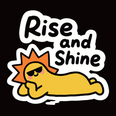 A cool cartoon sun wearing sunglasses, lying down with the text 