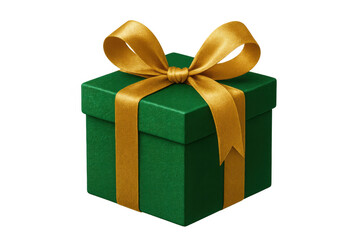 Fototapeta premium Golden-ribboned green gift box floating against translucent background, symbolizing celebration, festivity, holiday gifting