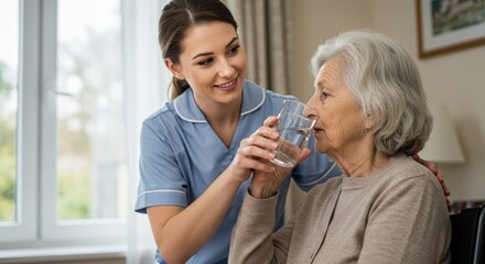 A smiling caregiver helps an elderly woman drink water, symbolizing care and assistance