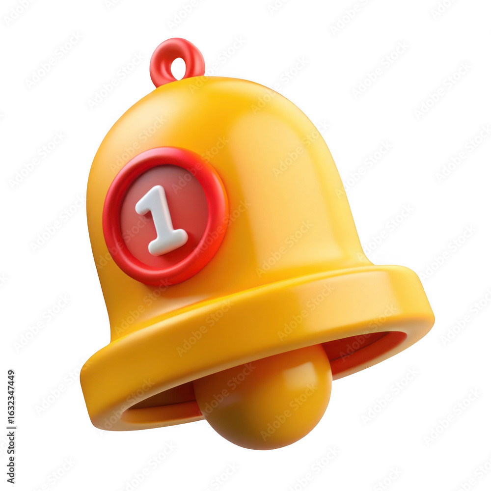 Poster 3d notification bell with number 1 isolated on transparent background