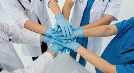 A diverse team of doctors and nurses wearing medical gloves stacks their hands in a show of unity