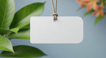 Blank Tag Hanging Among Green Leaves And Orange Flowers Against A Light Blue Background