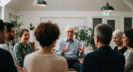An elderly man with glasses passionately speaks to a diverse group of people sitting in a circle