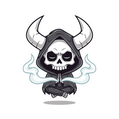 A mystical cartoon skeleton in a horned hooded cloak levitates with hands in prayer, surrounded by magical smoke and arcane symbols. Dark, powerful, and spiritual.