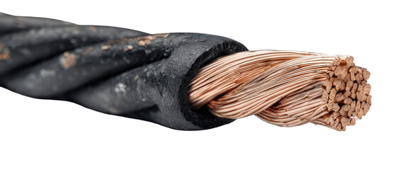Close-up of a dirty,  dark-gray insulated copper wire cable