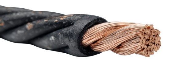 Close-up of a dirty,  dark-gray insulated copper wire cable