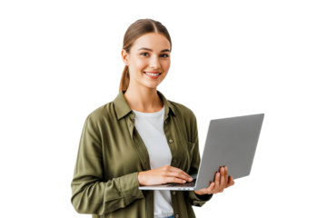 business woman with laptop isolated on white