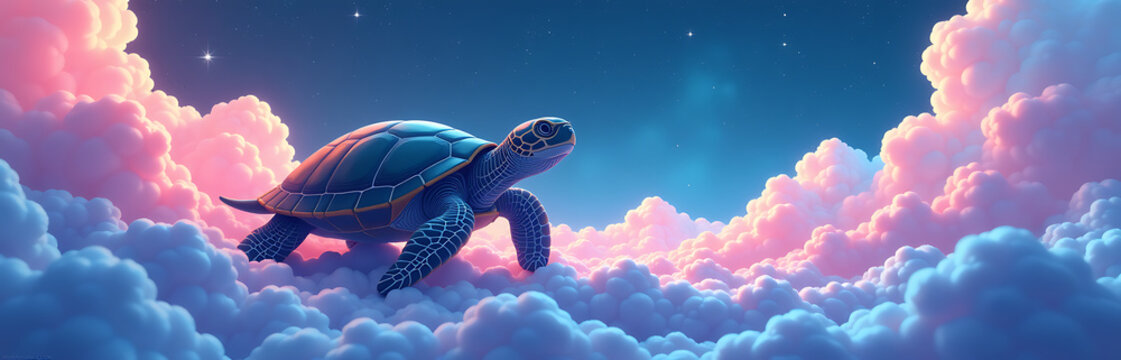 shot stylized pixelated turtle emerges swirling clouds pastel pink blue purple nebular gases