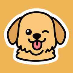 A cute cartoon golden retriever puppy face winking with its tongue out, in a charming and happy sticker style.