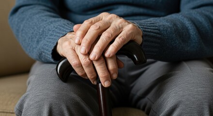 Old, wrinkled hands of a senior person holding a walking stick, resting during old age