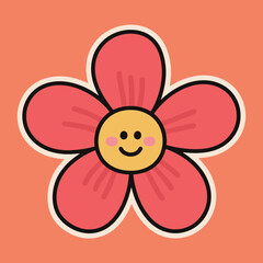 A charming cartoon flower with a smiling face and red petals, in a cute and playful sticker style, perfect for springtime themes.