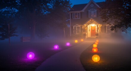 House illuminated with Halloween lights on a foggy night pathway lined with glowing lanterns