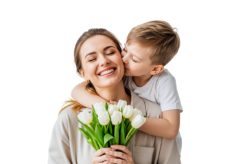 mother and son with white tulips isolated on white