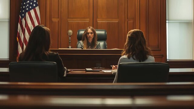 Inside courtroom, judge oversees proceedings as two individuals present their cases. scene is framed by American flag, classic wooden paneling, suggesting justice.