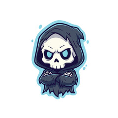 A cute yet fierce cartoon Grim Reaper with glowing blue eyes and a black hooded cloak stands with arms crossed, surrounded by a blue aura. Adorably intimidating.