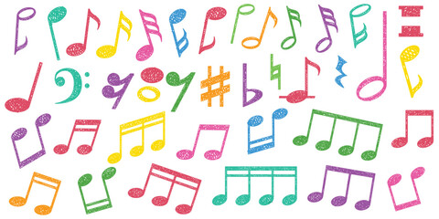Colorful doodle-style music notes and symbols vector set. Perfect for fun, creative, and modern projects like posters, album covers, music apps, school content, or digital media.