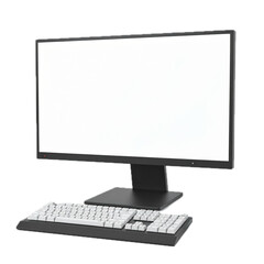 3d Gaming PC desktop computer with blank white screen and gamer keyboard render. 