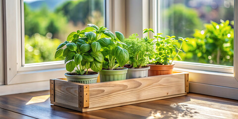 A wooden crate filled with various potted herbs, including basil and mint, placed on a windowsill with a view of green trees outside