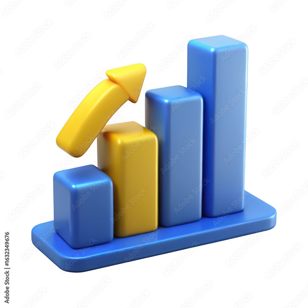 Poster 3d bar chart with upward arrow isolated on transparent background