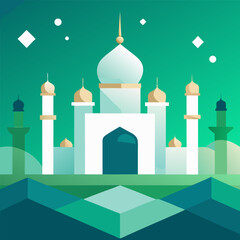 Abstract islamic background design featuring a stylized floating mosque silhouette with modern geometric elements and a clean contemporary aesthetic