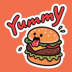 A fun and expressive cartoon hamburger with a tongue sticking out and the text 