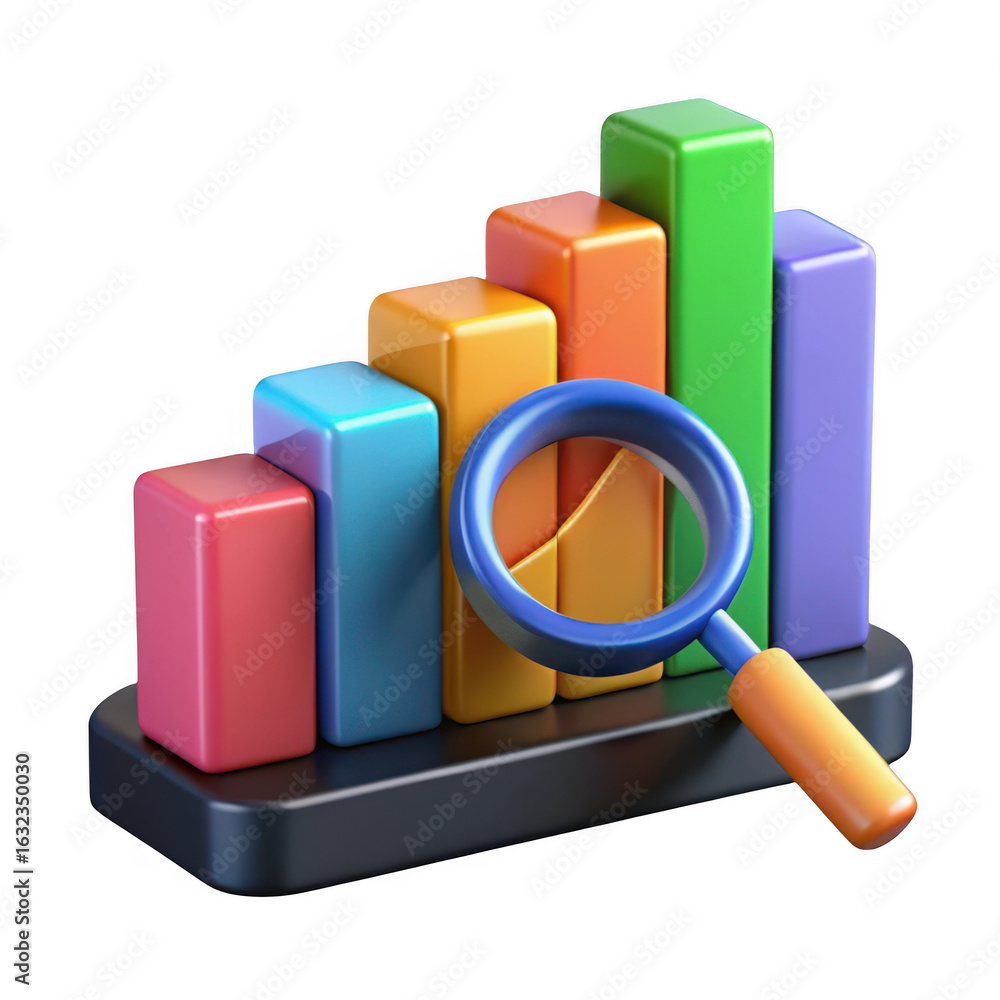 Poster 3d bar chart with magnifying glass isolated on transparent background