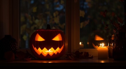 Obraz premium Jackolantern on a windowsill lit by candlelight with autumn leaves nearby