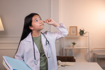 An Asian girl wearing a medical gown with stethoscope is thinking.