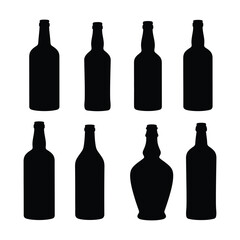 A collection of black bottle silhouettes. Vector graphic icons of various alcohol containers for whiskey, wine, and liquor isolated on white.