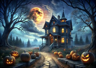 A spooky halloween night scene with a haunted house, pumpkins, trees, and a full moon in the sky