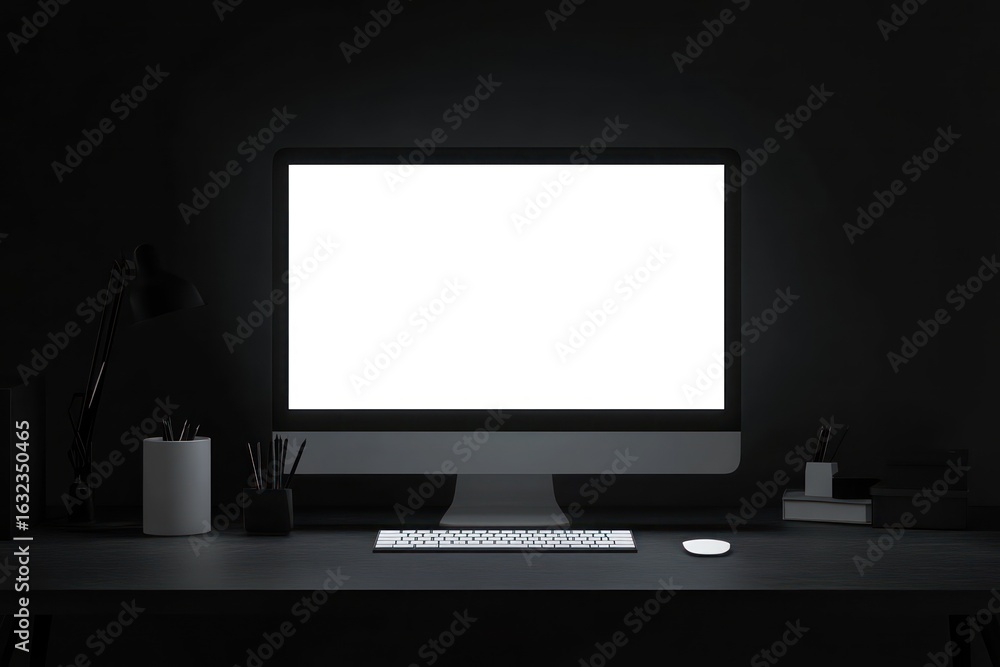Poster minimalist office with computer display in dark