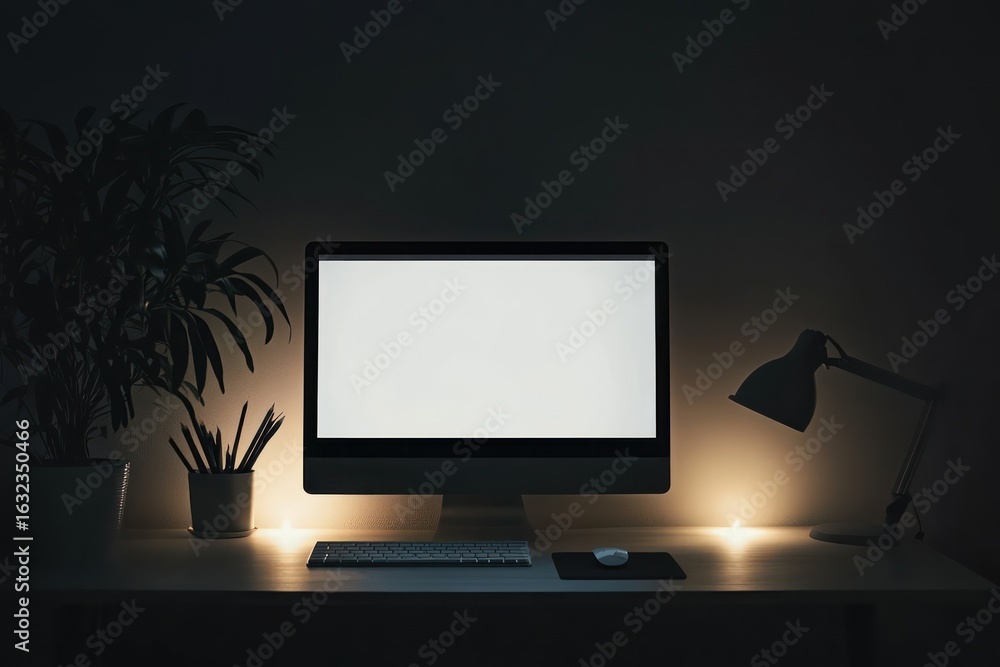 Poster minimalist office with computer display in dark
