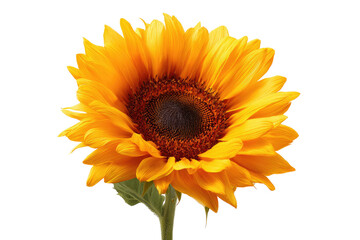 Close-up of a vibrant sunflower.  Bright, golden-yellow petals surround a dark brown disc center.  A stem with light green leaves extends subtly from the bottom