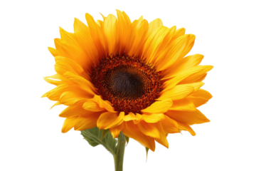 Close-up of a vibrant sunflower.  Bright, golden-yellow petals surround a dark brown disc center.  A stem with light green leaves extends subtly from the bottom