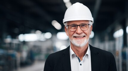 An older man in a white hardhat and formal attire smiles confidently in an industrial setting with large machinery,