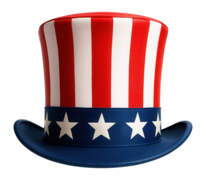 Vibrant Uncle Sam style top hat with red and white stripes and a blue band featuring white stars on transparent background.