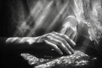 Monochromatic image of hands resting, illuminated by atmospheric sunbeams.