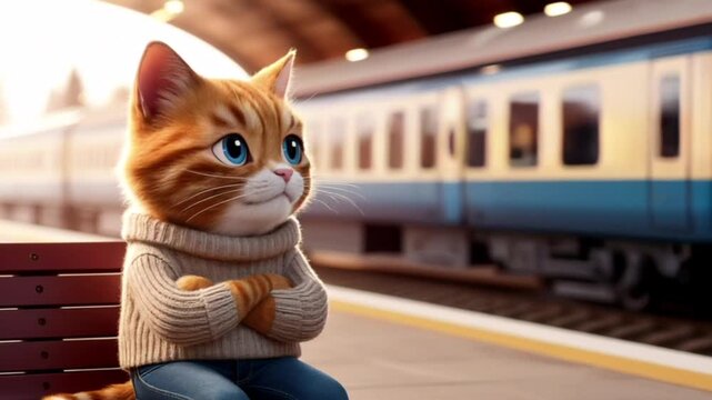 cat waiting at train station with arriving train for use in travel, storytelling, or animal themed projects