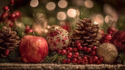 Close-up of rustic Christmas composition with red apple, golden ornaments, pinecones and berries surrounded by festive greenery perfect for seasonal table decor and holiday celebration visuals