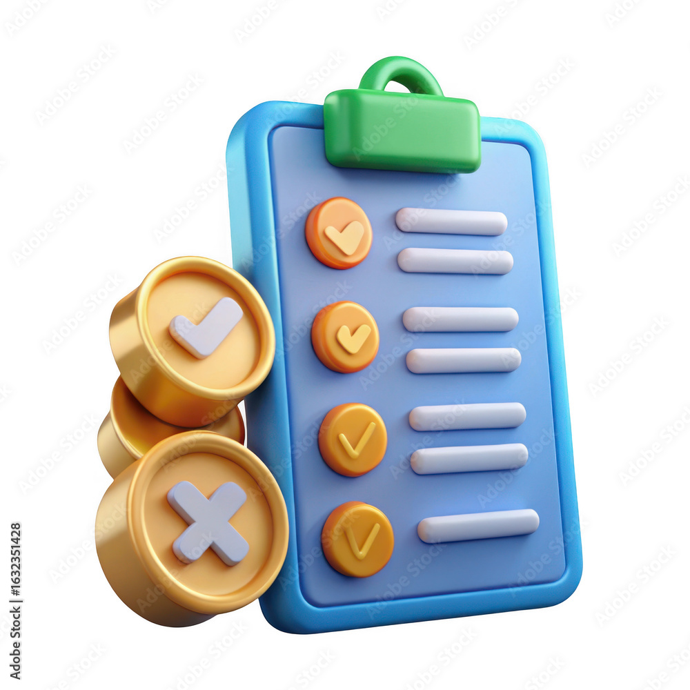Poster 3d checklist with coins isolated on transparent background