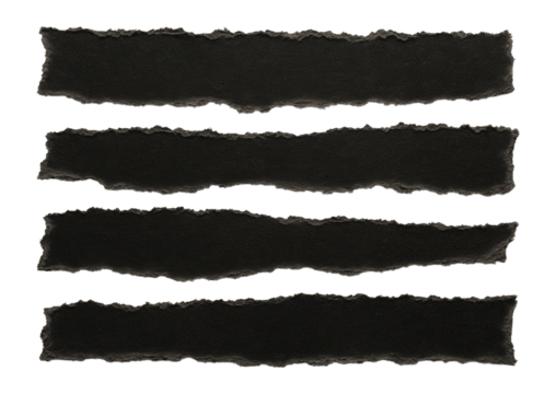 Four horizontal strips of torn black paper with rough edges on transparent background.