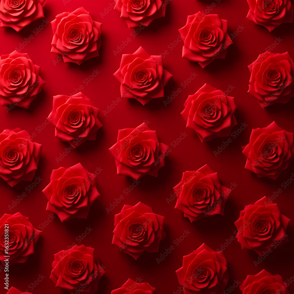 Poster overhead view of a pattern of vibrant red roses arranged on a deep red background creating a floral 