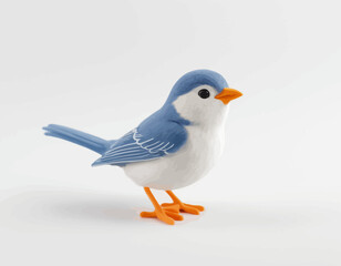 3d Colorful beautiful small bird vector. A high-quality, professional vector features a detailed figurine of a cartoonish blue and white bird. The bird, standing on a clean white surface.