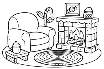 Cozy Sweet Candy Living Room Interior Isolated Vector Coloring Page