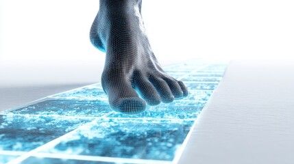Digital foot stepping on glowing blue grid image