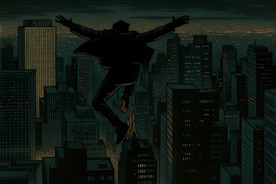 Silhouette of a man mid-jump between skyscrapers over a dark, glowing city skyline.


