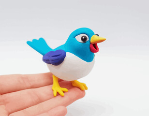 3d Colorful beautiful small bird vector. A high-quality, professional vector features a detailed figurine of a cartoonish blue and white bird. The bird, standing on a clean white surface.